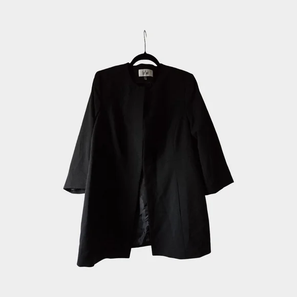 Le Suit Black Long Blazer Collarless Jacket Structured Career Minimalist Open 18 - Picture 11 of 16